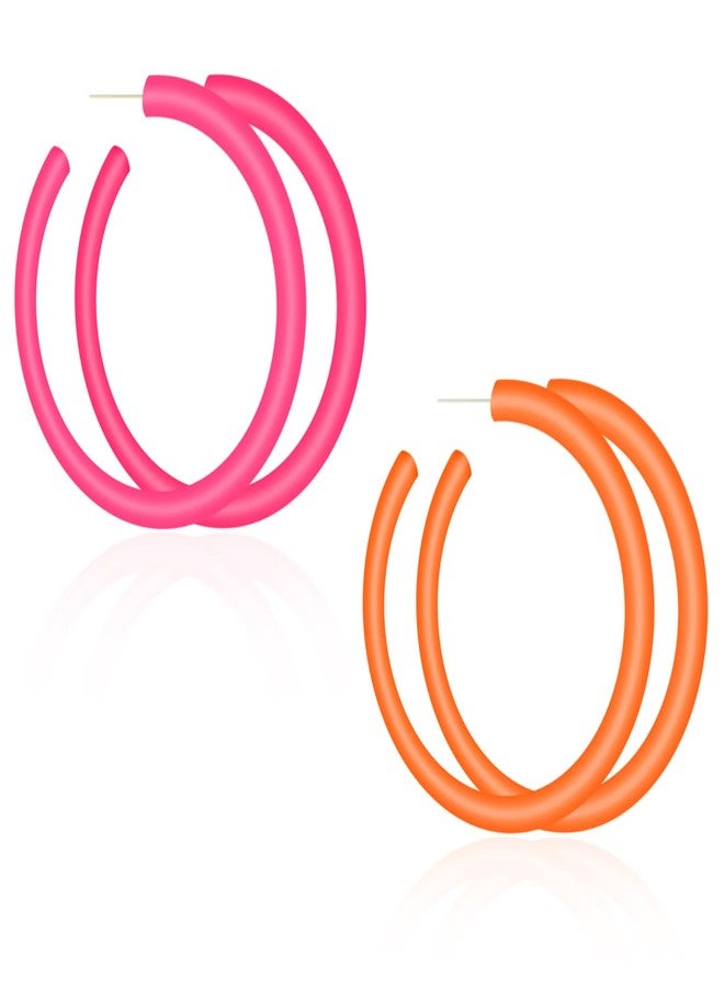 CNTVO 2 Pairs Hoop Earrings, Neon Retro Hoop Earrings for Women, 2.5 in Large Acrylic Earrings Vintage 80s-90s Style, Perfect for 80s 90s Outfit Dancing Party Accessories (Pink & Orange) - Image 1